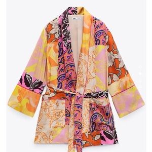 Zara Patchwork Floral Silky Kimono Wrap Robe Jacket | SMALL - Pink & Orange